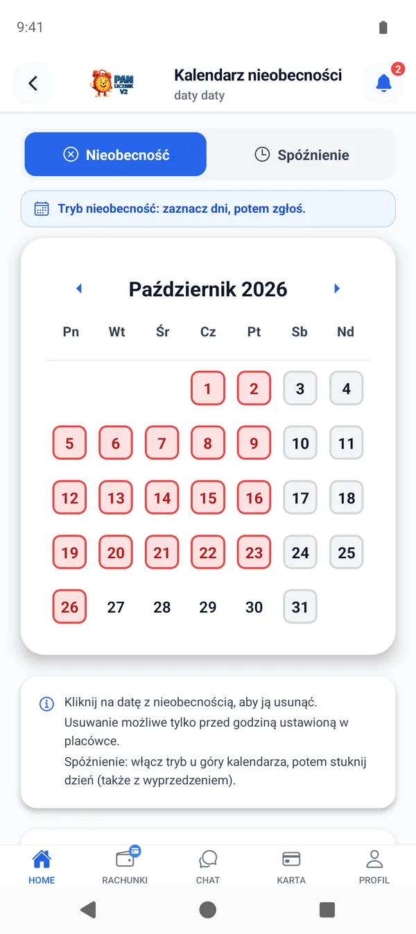Kalendarz nieobecności w aplikacji Pan Licznik
