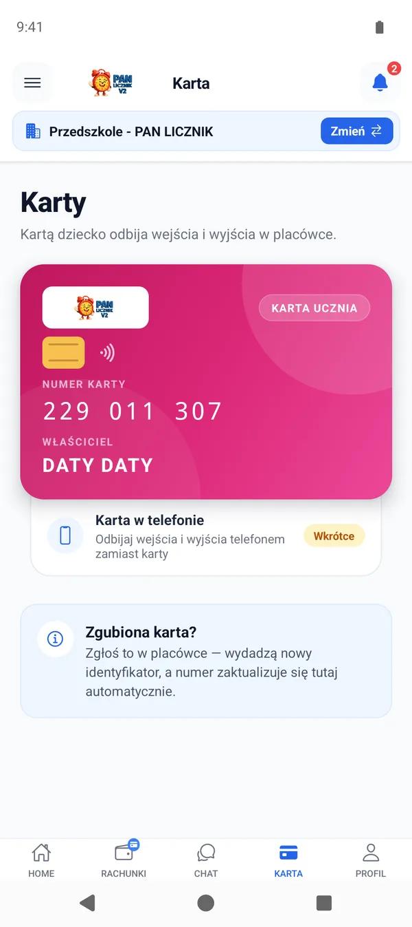 Karta dziecka do czytnika w aplikacji Pan Licznik