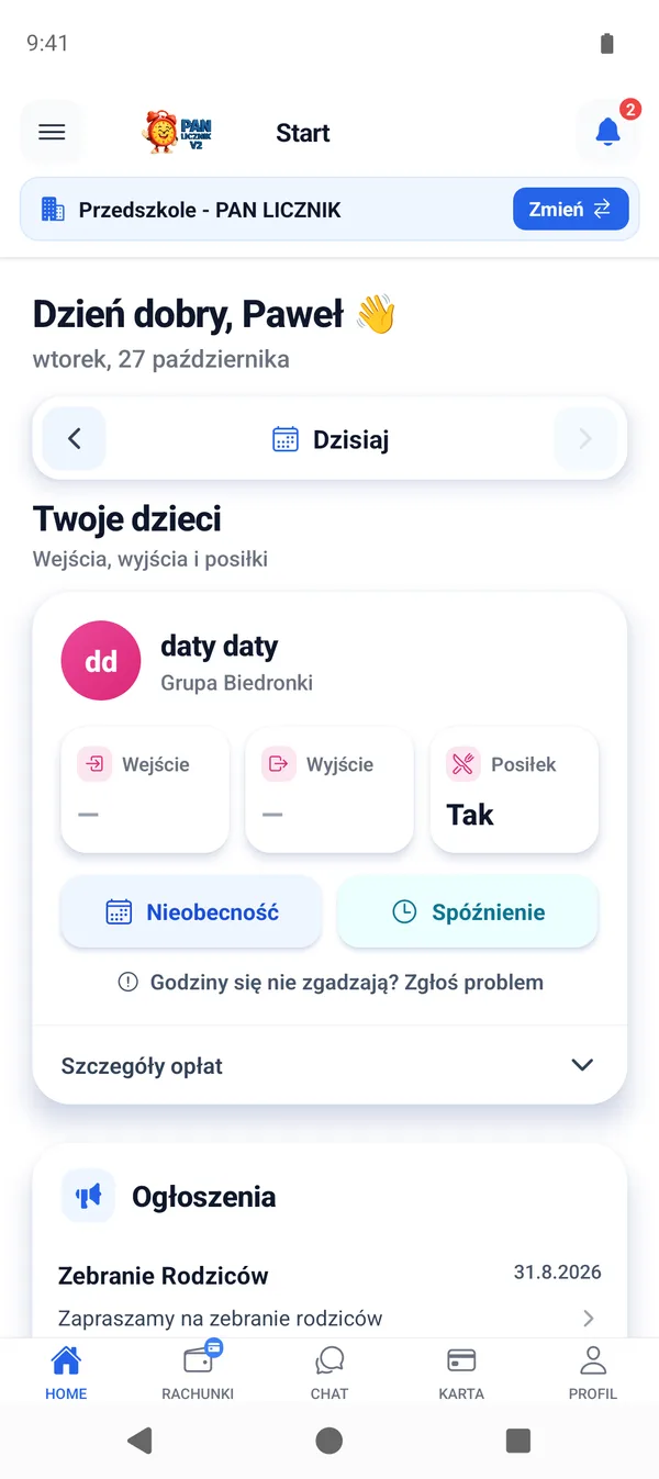 Pulpit aplikacji Pan Licznik: wejście, wyjście i posiłek dziecka