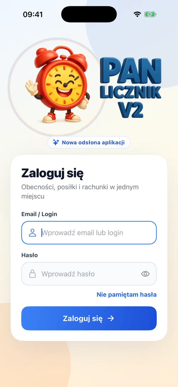 Ekran logowania aplikacji Pan Licznik