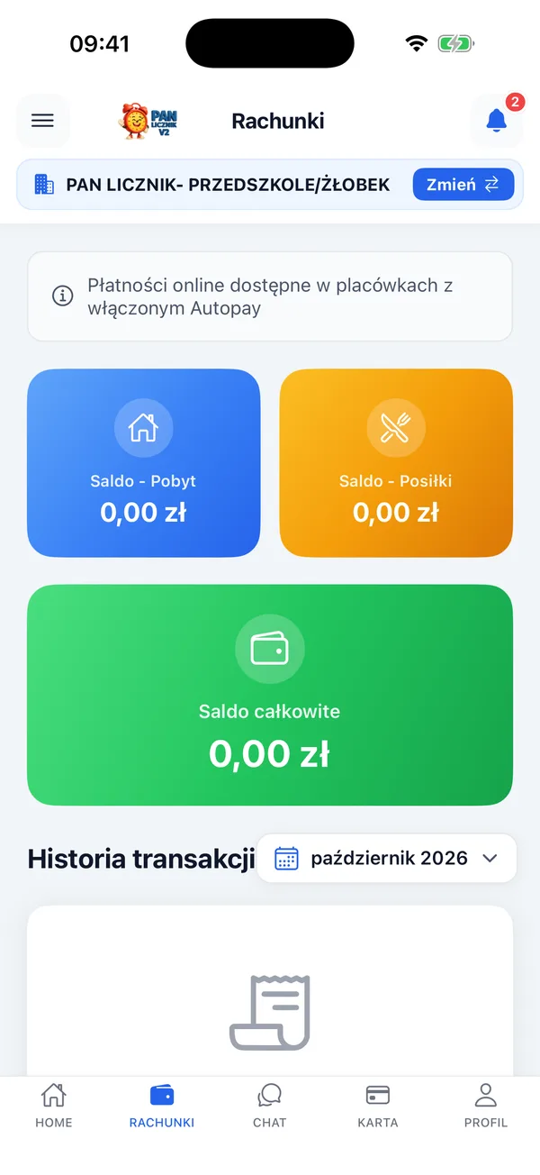 Rachunki i saldo za pobyt i posiłki w aplikacji Pan Licznik na iPhonie