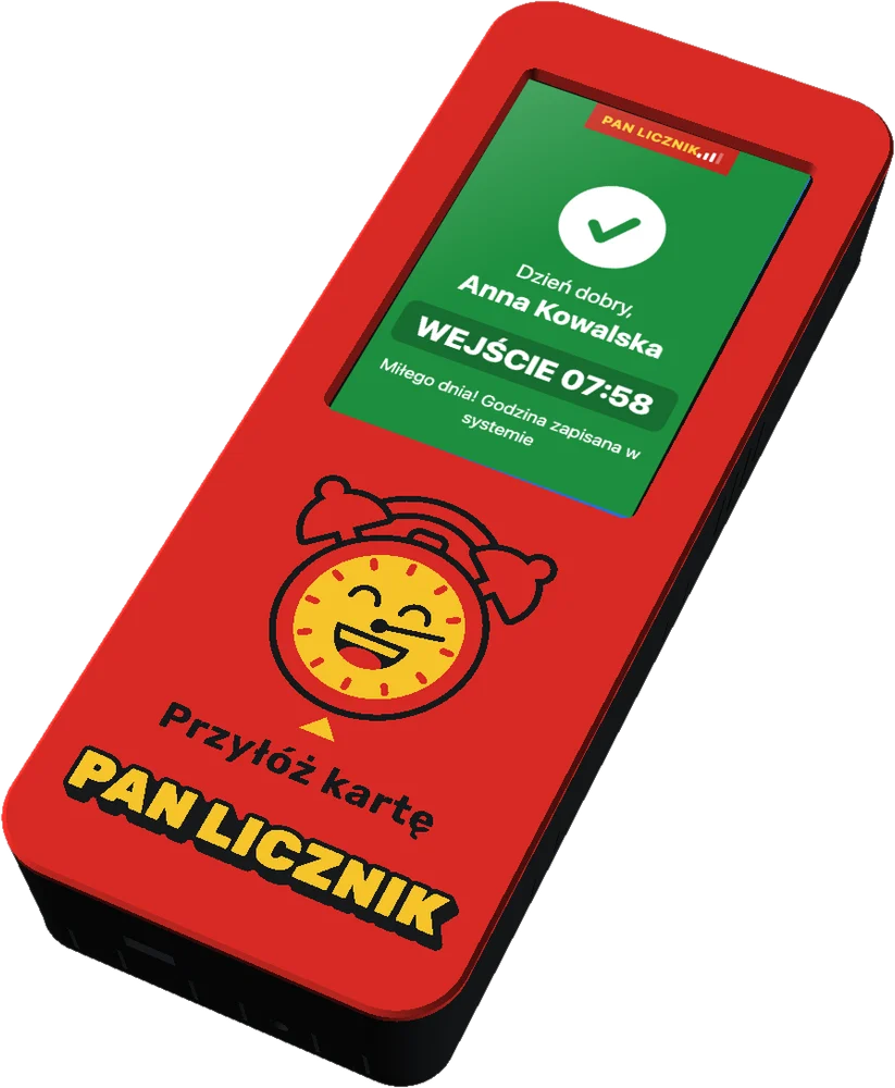 Czytnik godzin Pan Licznik z ekranem pokazującym wejście